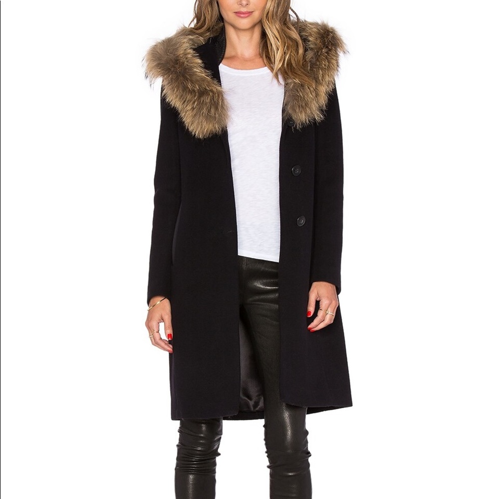 Mackage “Andie” Asiatic Raccoon Fur trimmed Hooded Wool/Cashmere Coat Small